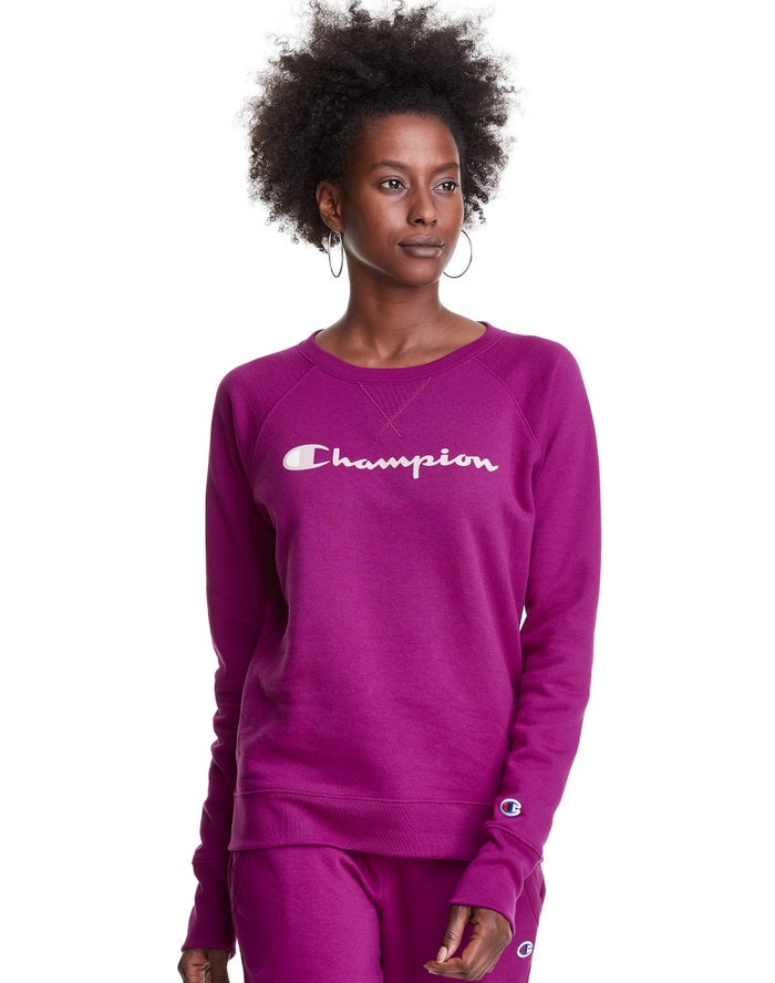 Champion Powerblend Fleece Classic Crew Script Logo - Naisten Pinkki Collegepaita - Suomi 7489360-PS